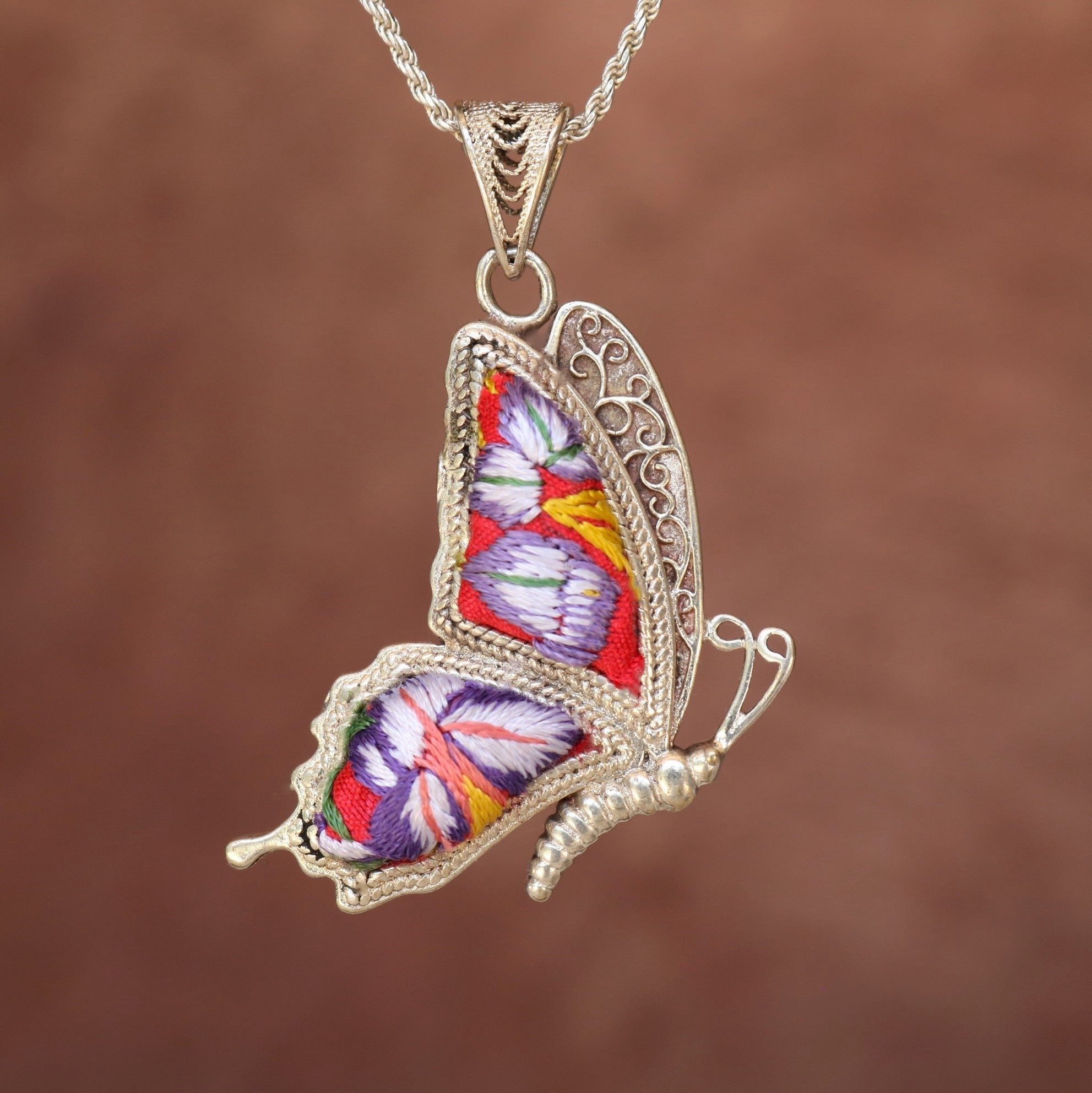 Cocoon of Comfort Butterfly Hand Embroidered Necklace