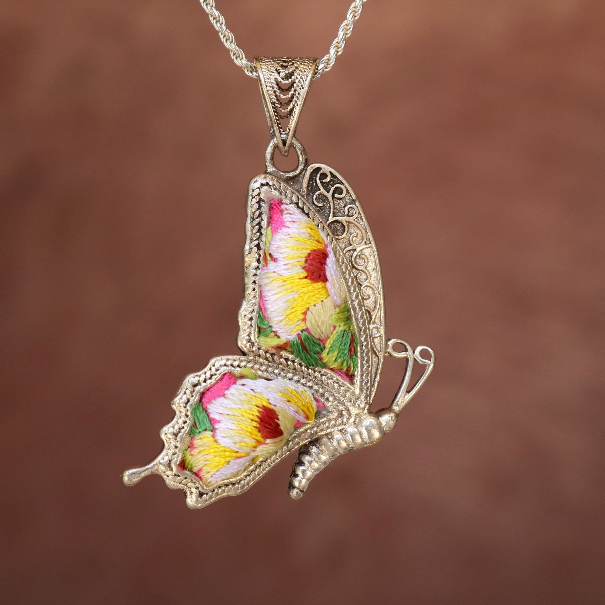 Cocoon of Comfort Butterfly Hand Embroidered Necklace