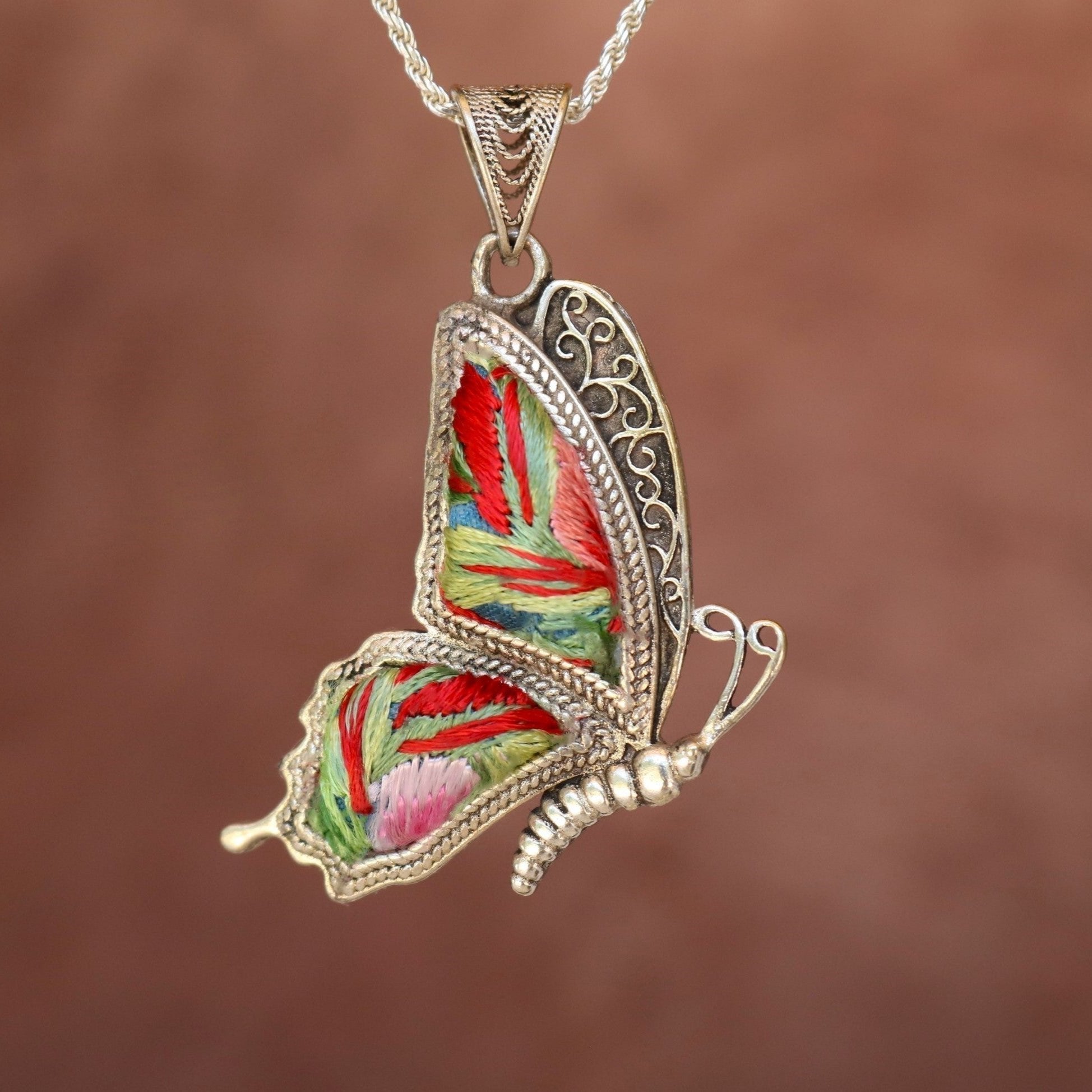 Cocoon of Comfort Butterfly Hand Embroidered Necklace