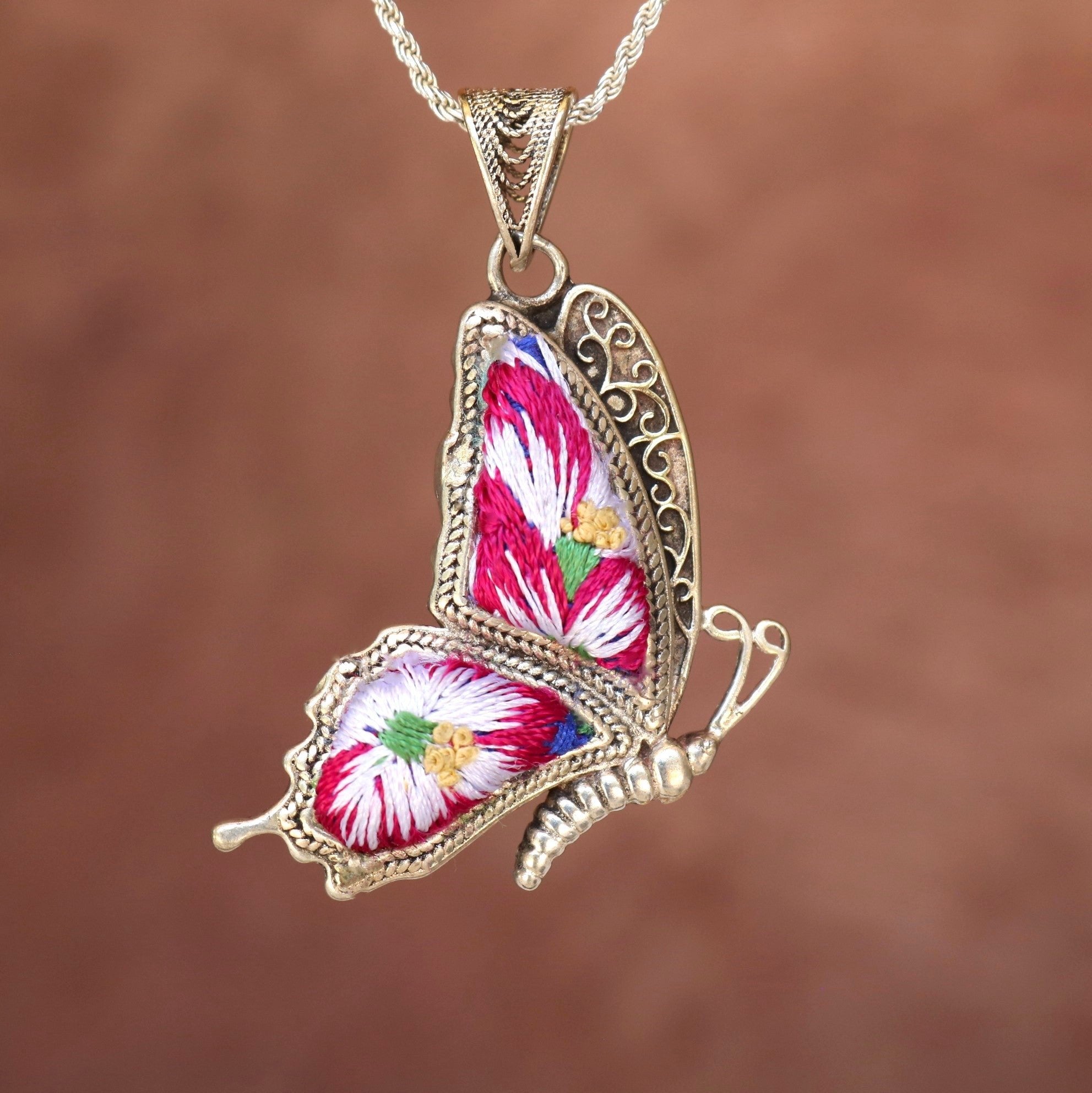 Cocoon of Comfort Butterfly Hand Embroidered Necklace