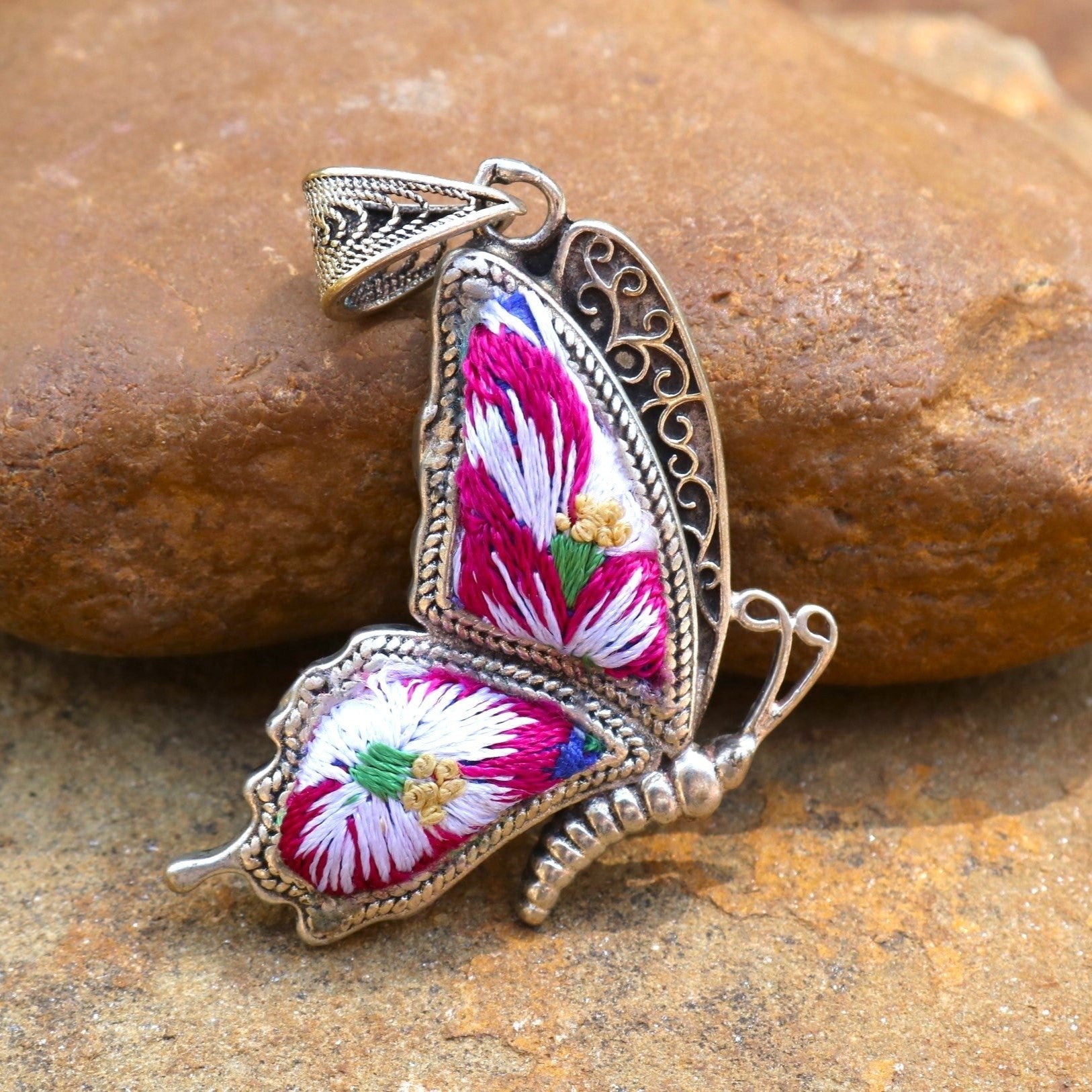 Cocoon of Comfort Butterfly Hand Embroidered Necklace