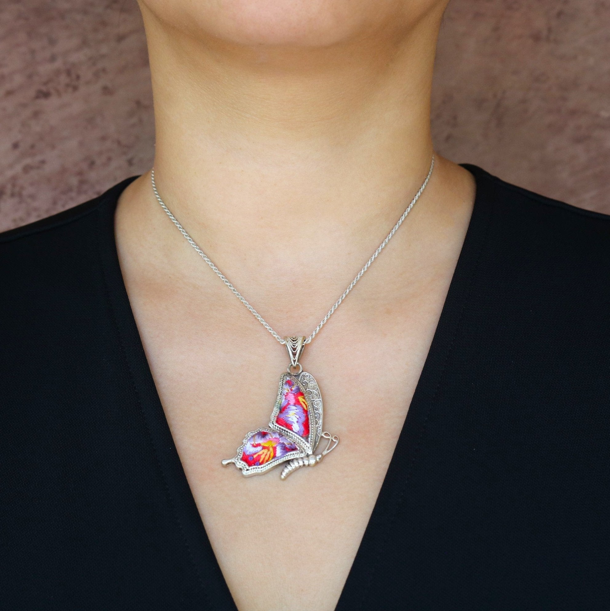 Cocoon of Comfort Butterfly Hand Embroidered Necklace