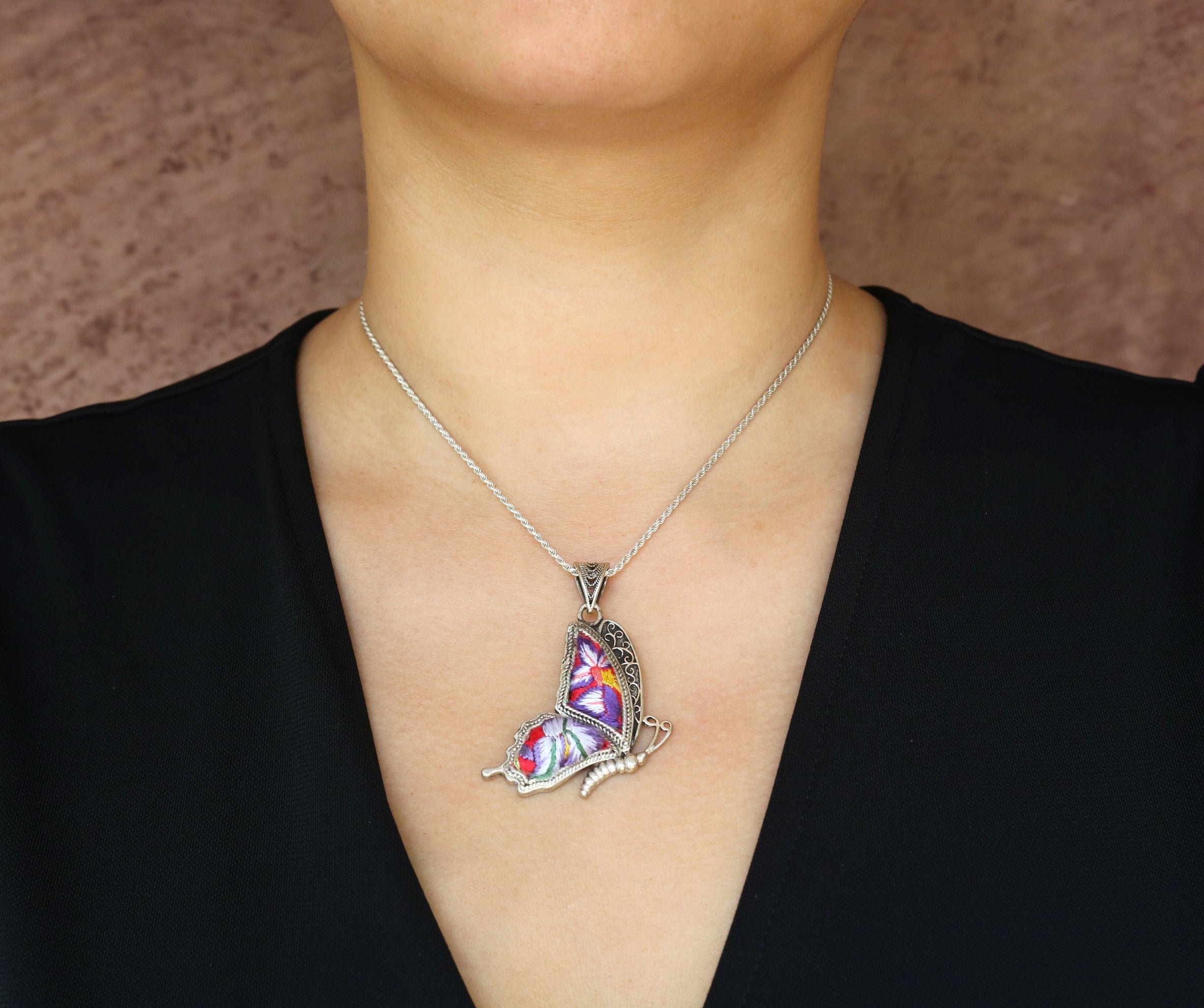 Cocoon of Comfort Butterfly Embroidered Necklace