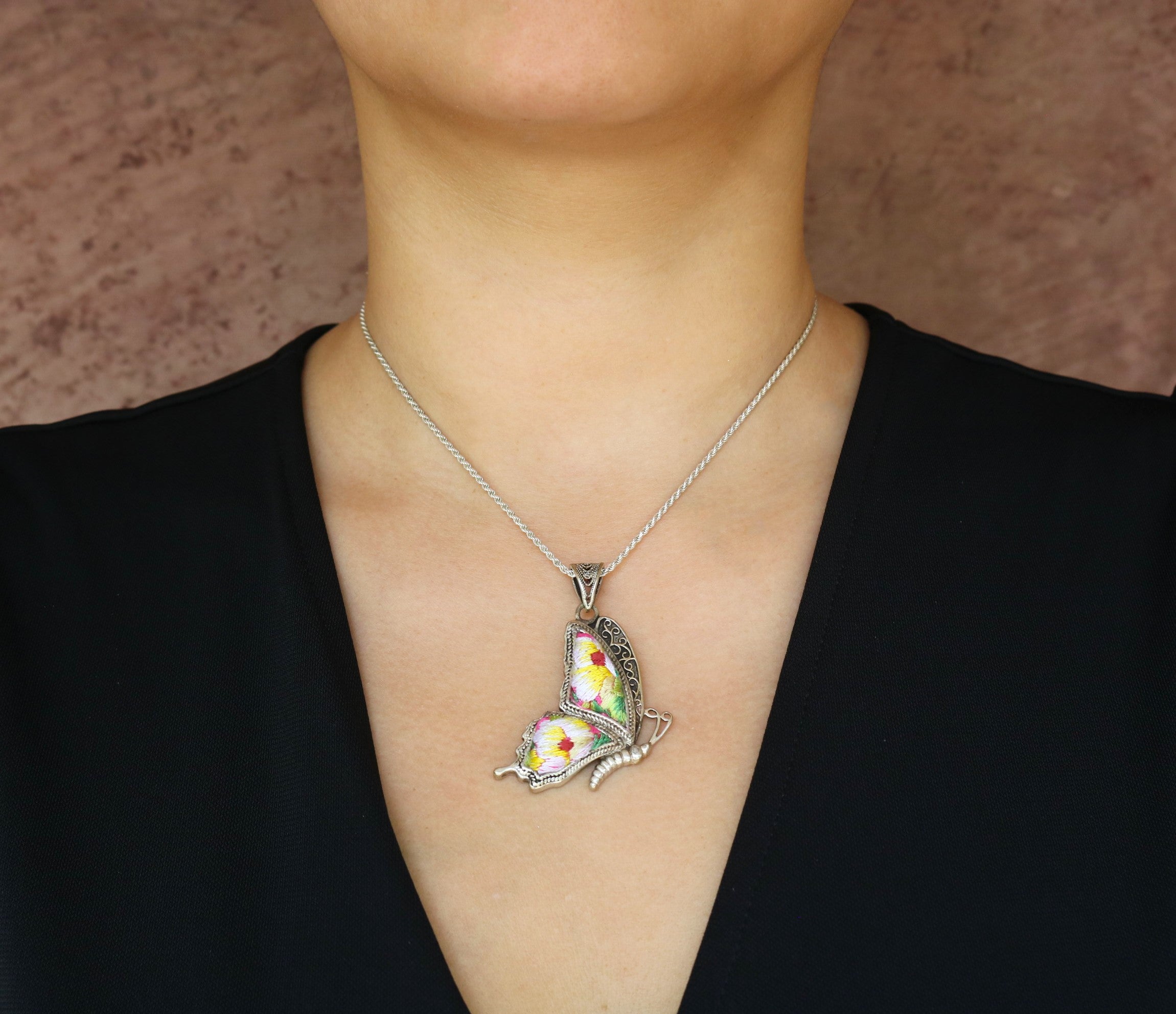 Cocoon of Comfort Butterfly Embroidered Necklace