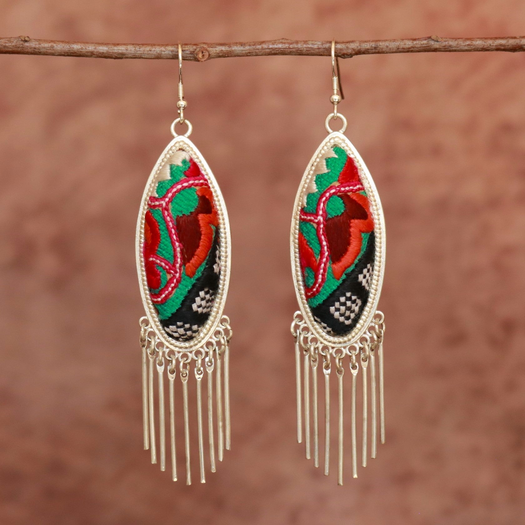 Harmony Ovals Hand Embroidered Tassel Earrings