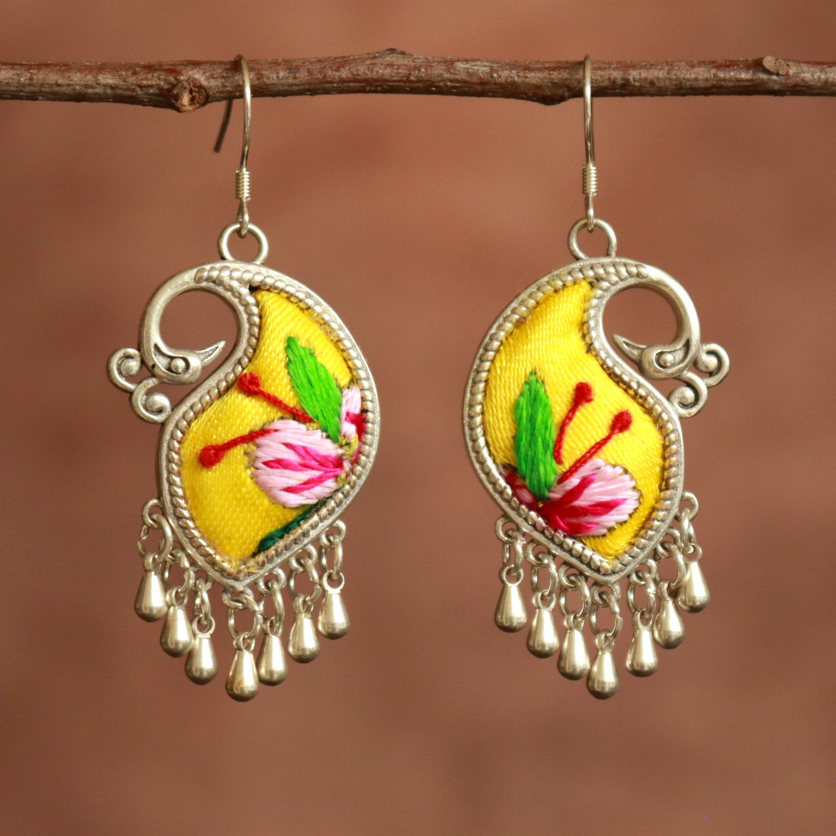 Peacock's Melodies Embroidered Teardrop Earrings