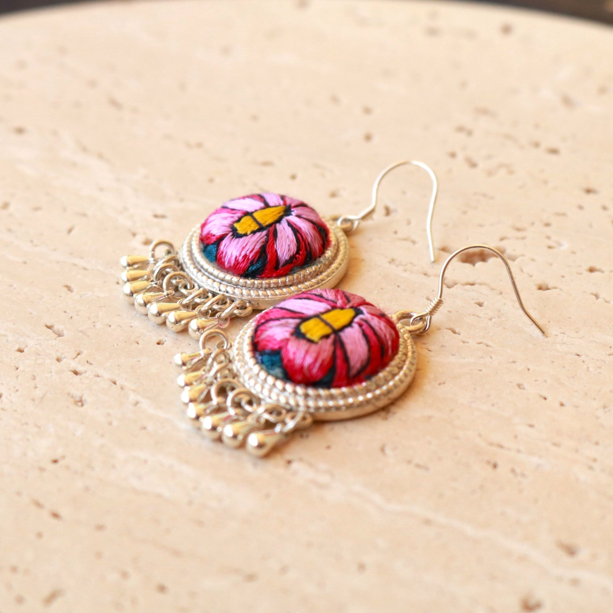 Circles of Joy Hand Embroidered Teardrop Earrings