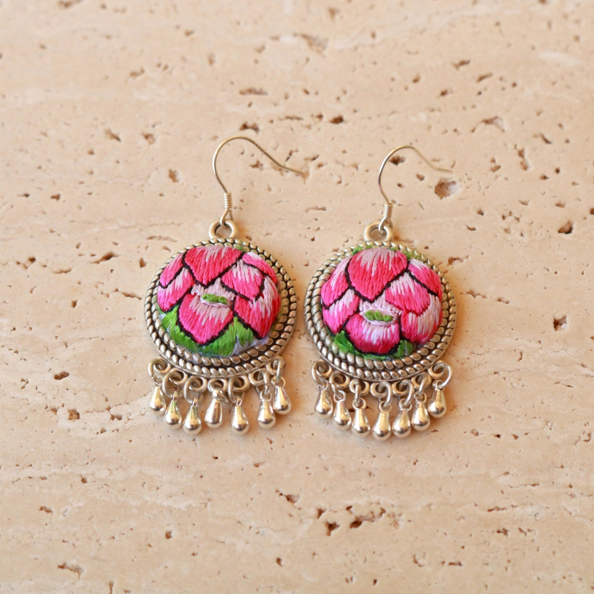 Circles of Joy Hand Embroidered Teardrop Earrings