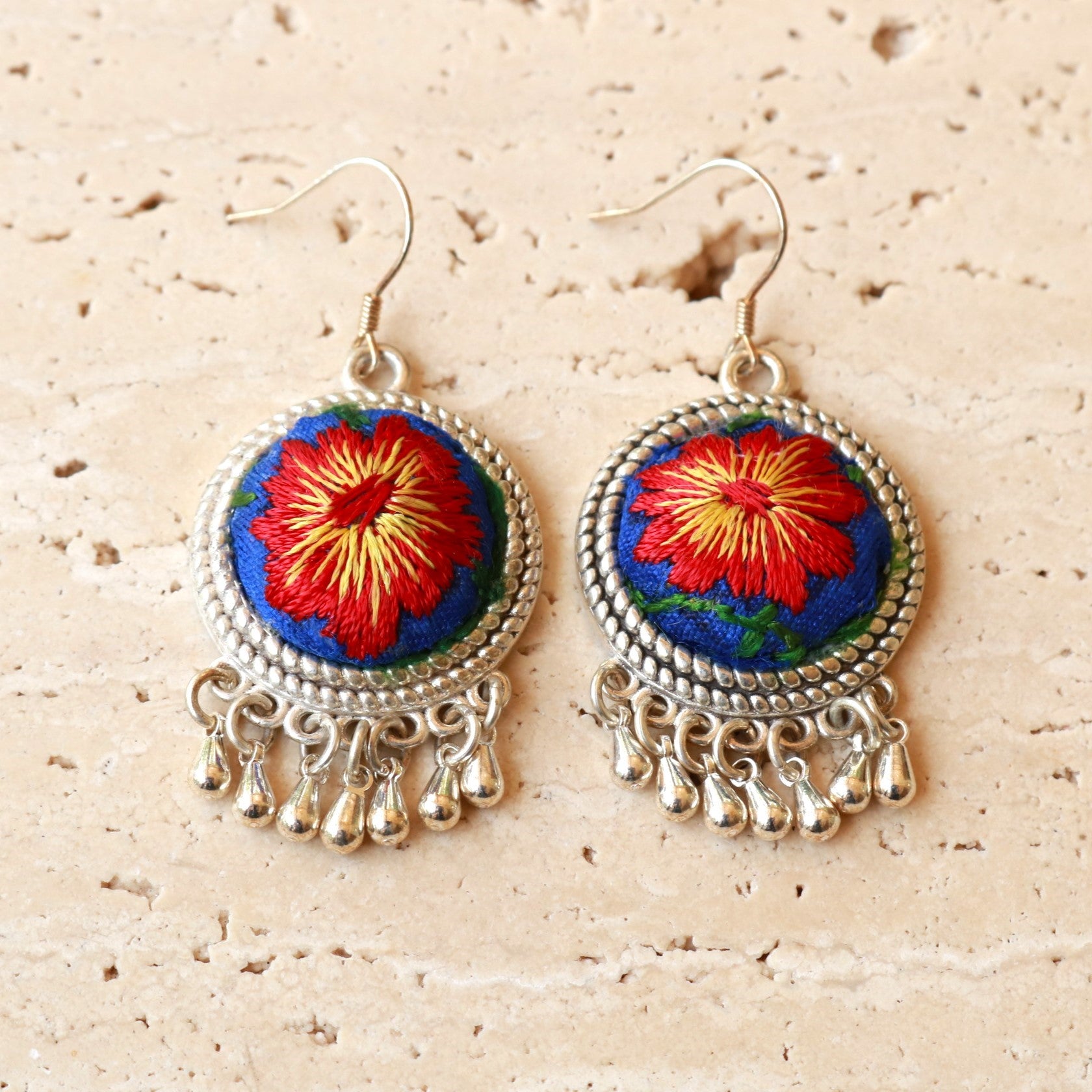 Circles of Joy Hand Embroidered Teardrop Earrings