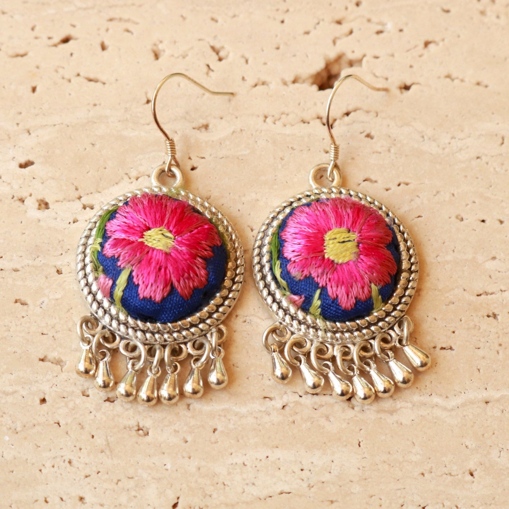 Circles of Joy Hand Embroidered Teardrop Earrings