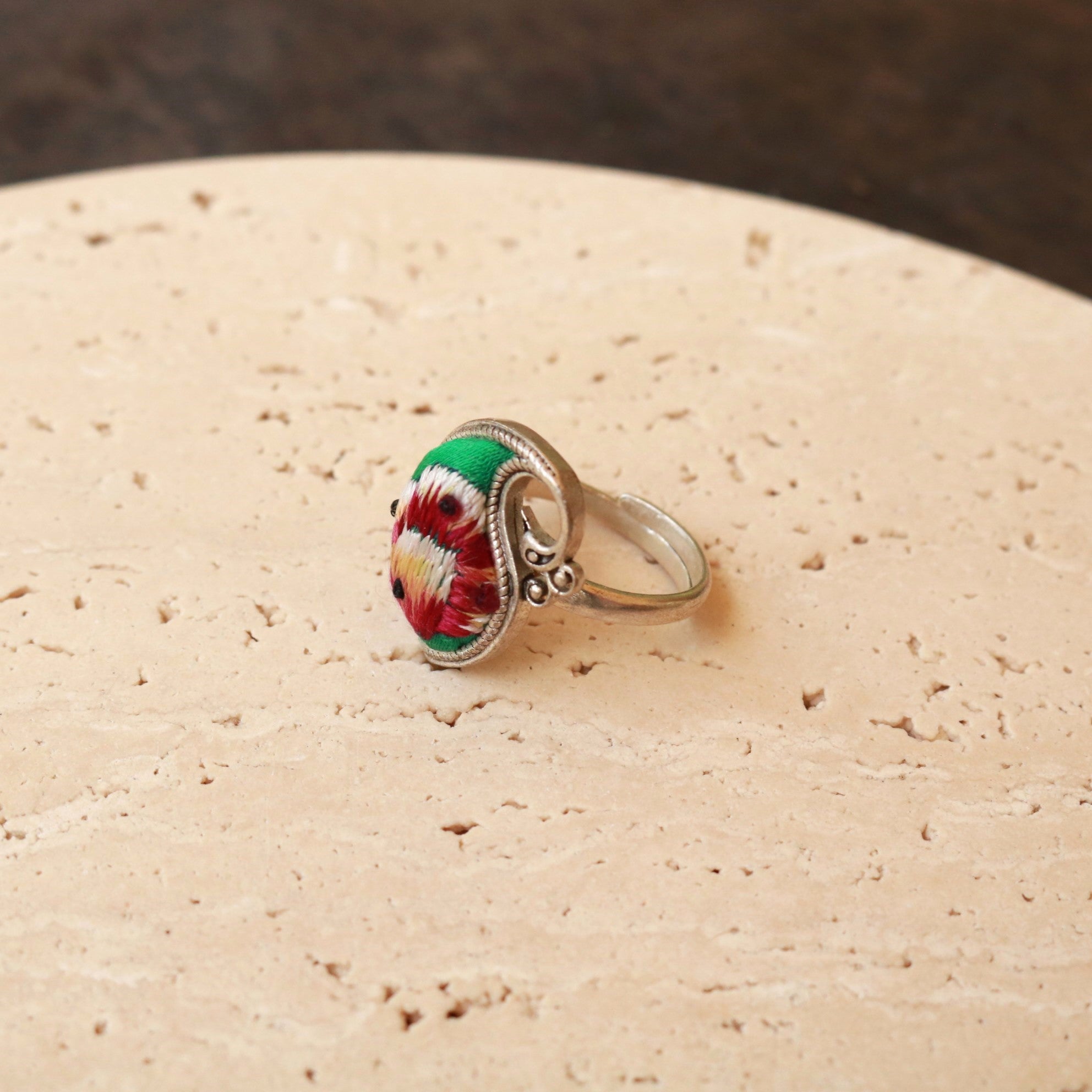 Peacock's Melodies Adjustable Embroidered Ring