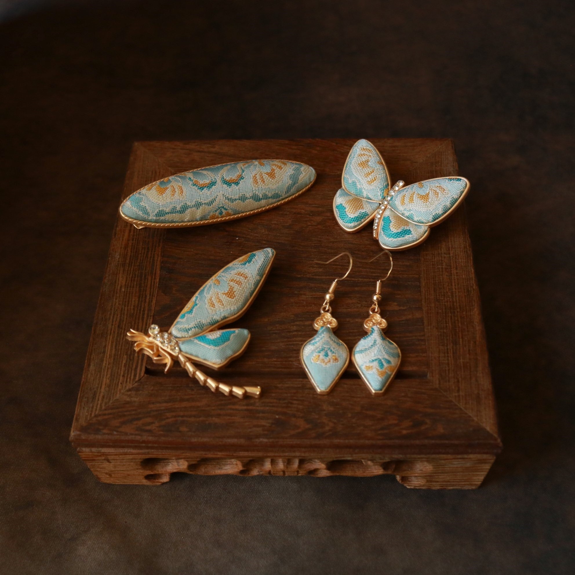 Hand Weaved Silk Hair Clip and Matching Ear Studs Butterfly Dragonfly Brooch