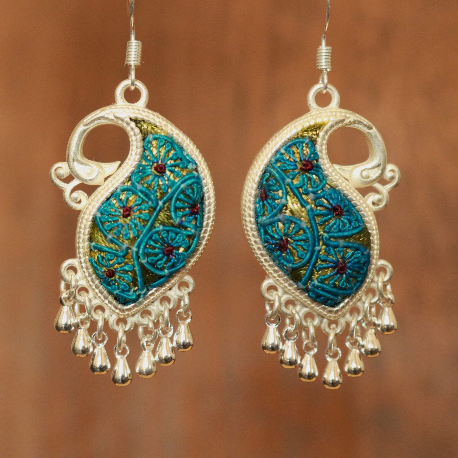 Peacock's Melodies Embroidered Teardrop Earrings