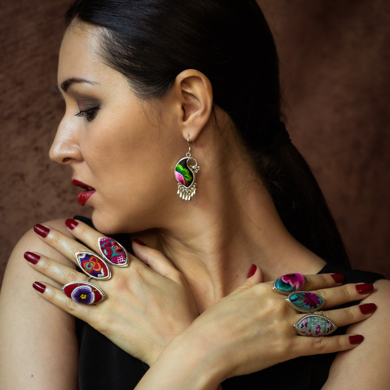 Peacock's Melodies Embroidered Teardrop Earrings